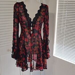 Current Mood Black and Red Floral Long Sleeve Dress
